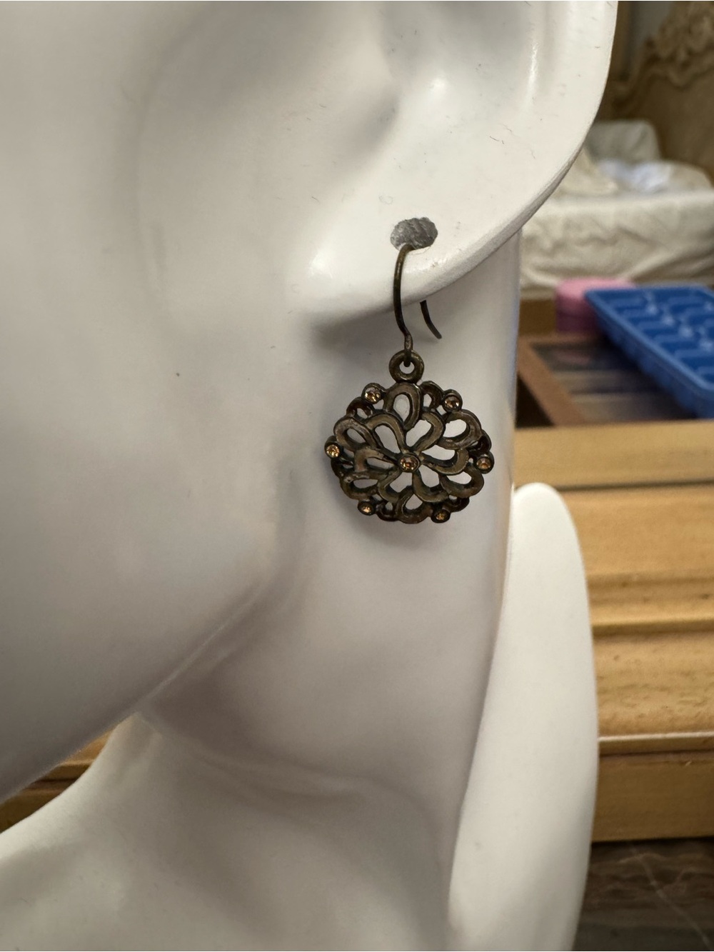 Delicate Filigree Drop Earrings in Antique Bronze